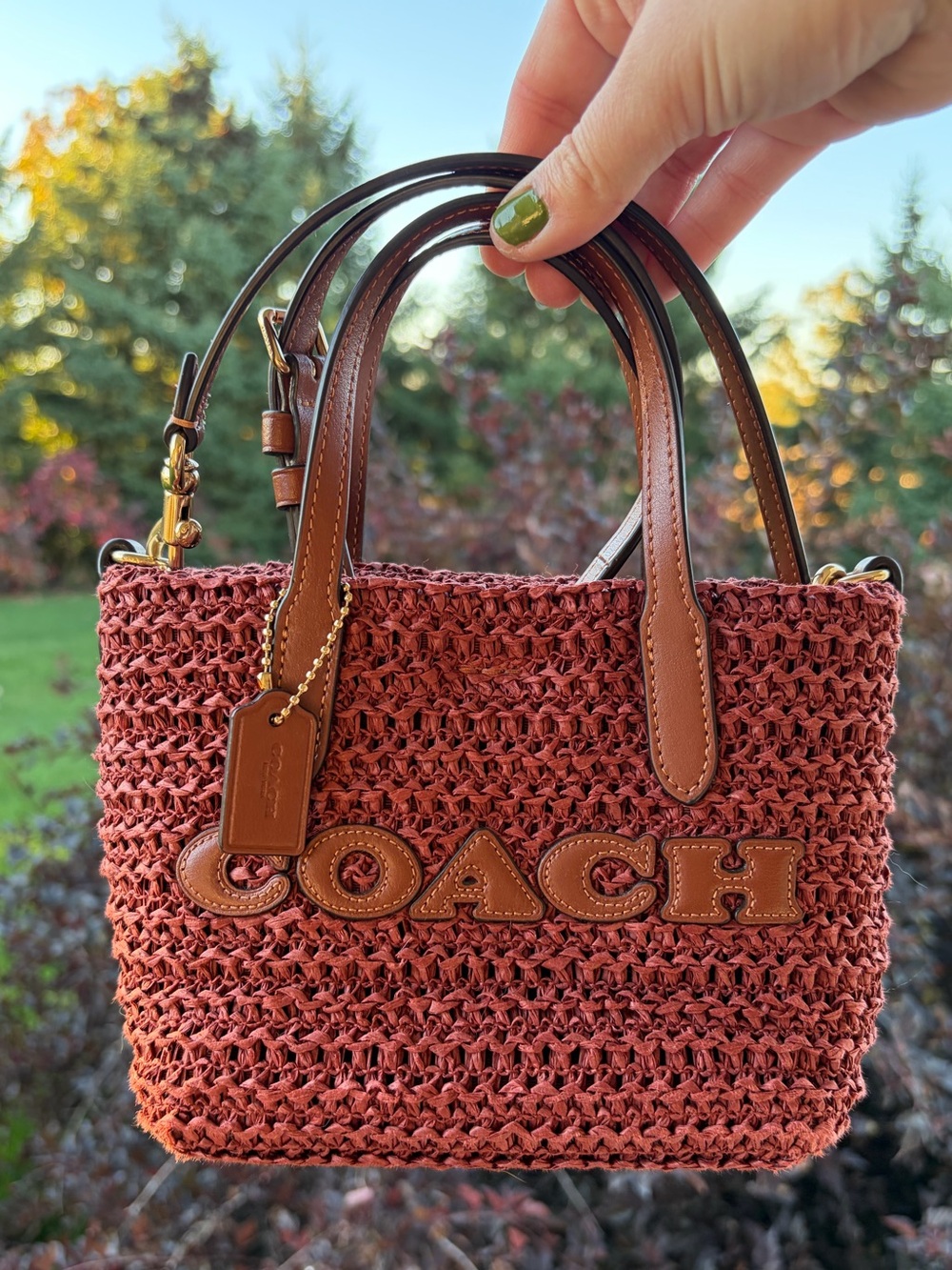 Coach city mini tote bag gold russet woven straw wicker purse mini tote brown
